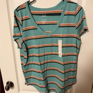SO Women's Teal Striped Short Sleeve V-Neck Tee